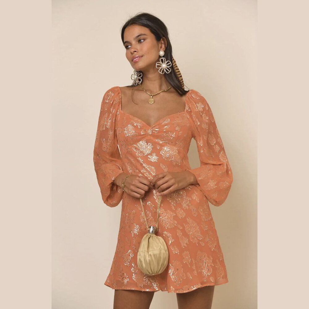 NEW RIXO - Size M, Women's Paris Silk Mini Dress - Lily Metallic Coral
